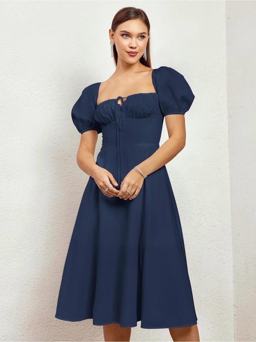 Kutumai Maxi Off-Shoulder Puff Sleeve Dress Front Slit Navy Size Small PTP 15 “